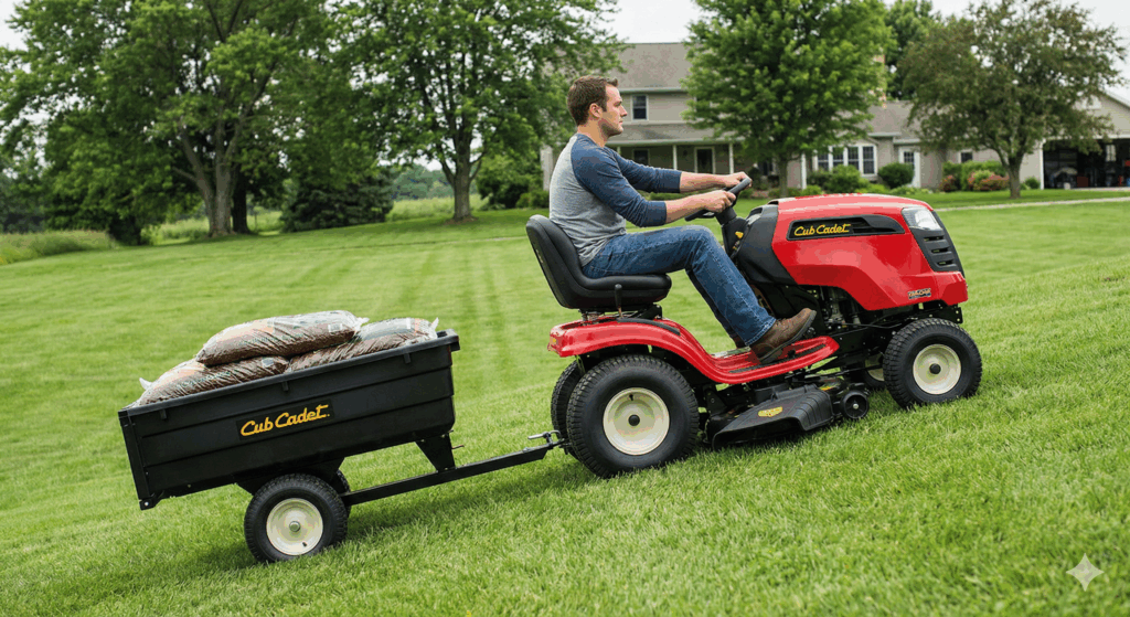 A man driving a red Cub Cadet lawn tractor up a grassy slope, towing a black utility cart filled with bags of mulch.