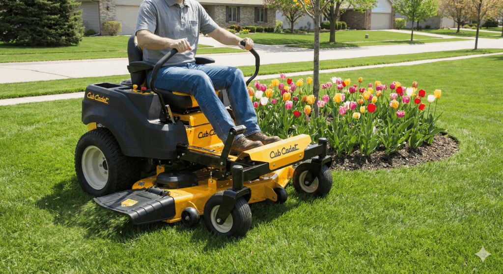 A man operating a yellow Cub Cadet zero-turn mower, making a precise turn around a circular tulip flower bed on a sunny lawn.