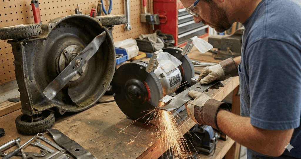 A person wearing safety glasses and gloves uses a bench grinder to sharpen a metal lawn mower blade in a workshop, with sparks flying.