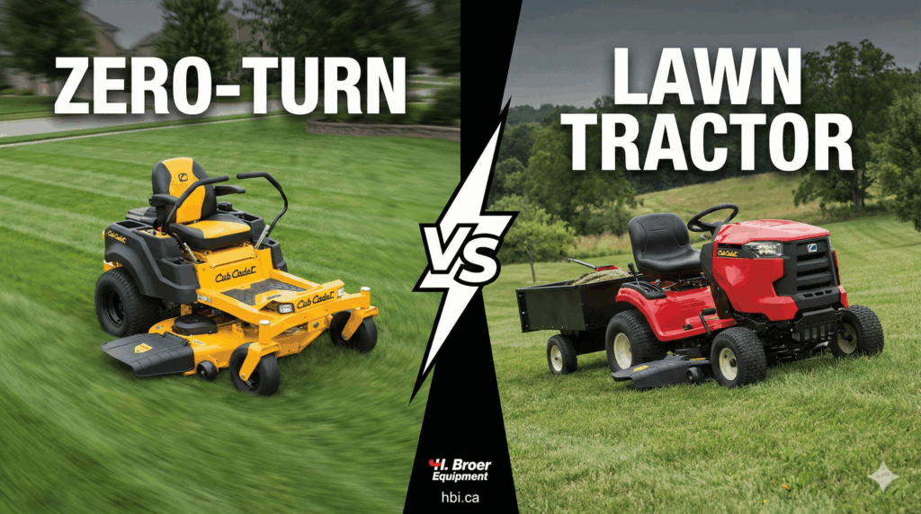 Split screen comparison: A yellow Cub Cadet Zero-Turn mower speeding on a flat lawn versus a red Lawn Tractor towing a cart on a hill.