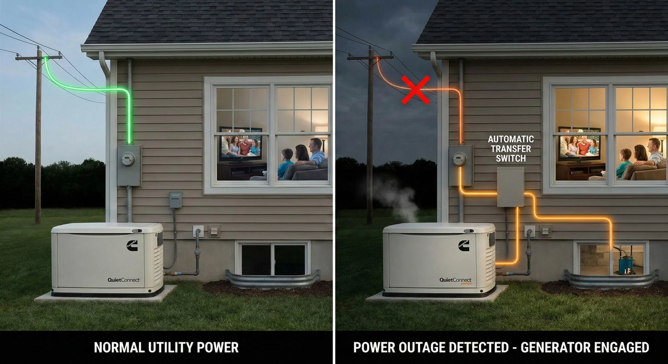 A diagram showing how a Cummins home standby generator uses an automatic transfer switch to instantly restore power to a house and sump pump during a utility grid outage.