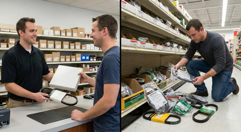 A split-screen showing a helpful local dealer handing an exact OEM mower belt to a smiling customer on the left, compared to a frustrated man sorting through a messy aisle of universal belts at a big box hardware store on the right.